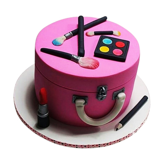 Elegant fondant cake designed like high-end makeup products with a glossy, professional finish.