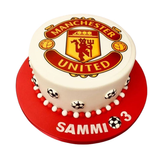 Manchester United-themed cake featuring edible designs of iconic jerseys with accurate patterns and player numbers