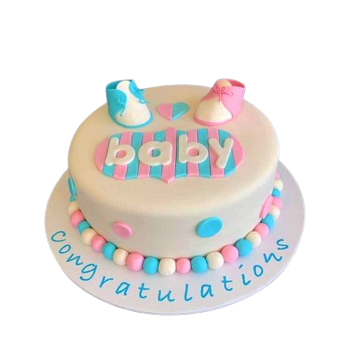 Pastel baby shower cake with baby lettering, pink and blue shoes, coloured dots and Congratulations on the board