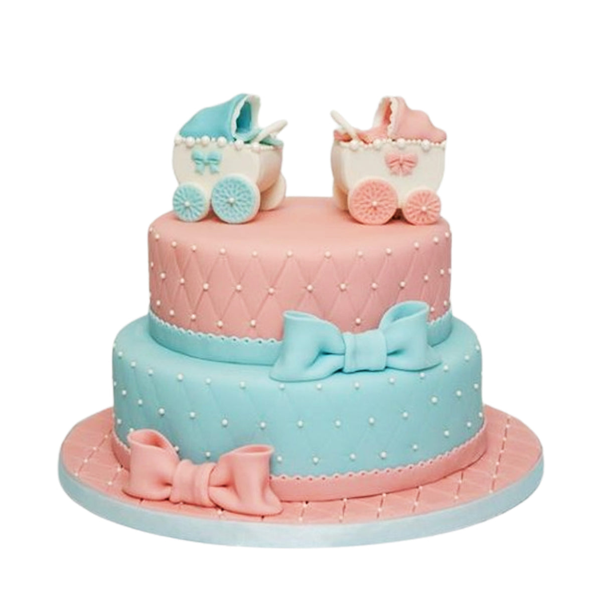 Two-tier pink and blue baby shower cake with quilted details, bows and baby pram toppers. A centrepiece for your celebration.
