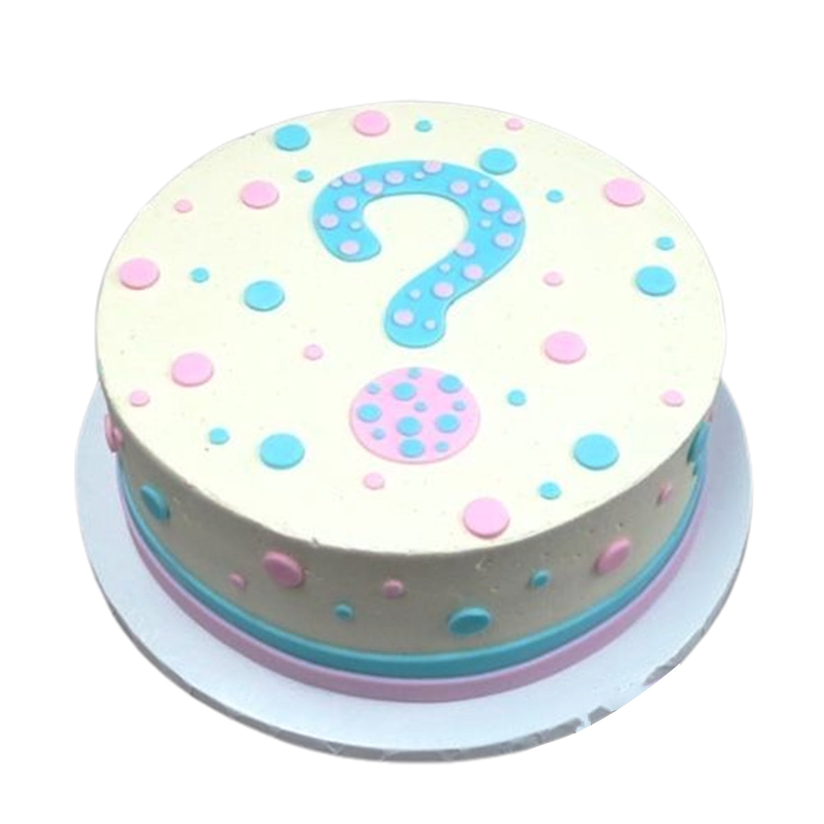 White gender reveal cake with a blue question mark and pink and blue dots on top and sides